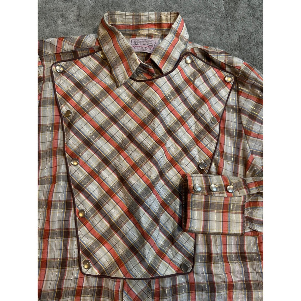Vintage H Bar C Ranchwear Western Bib Shirt Plaid Metallic Gold Snap Front 30